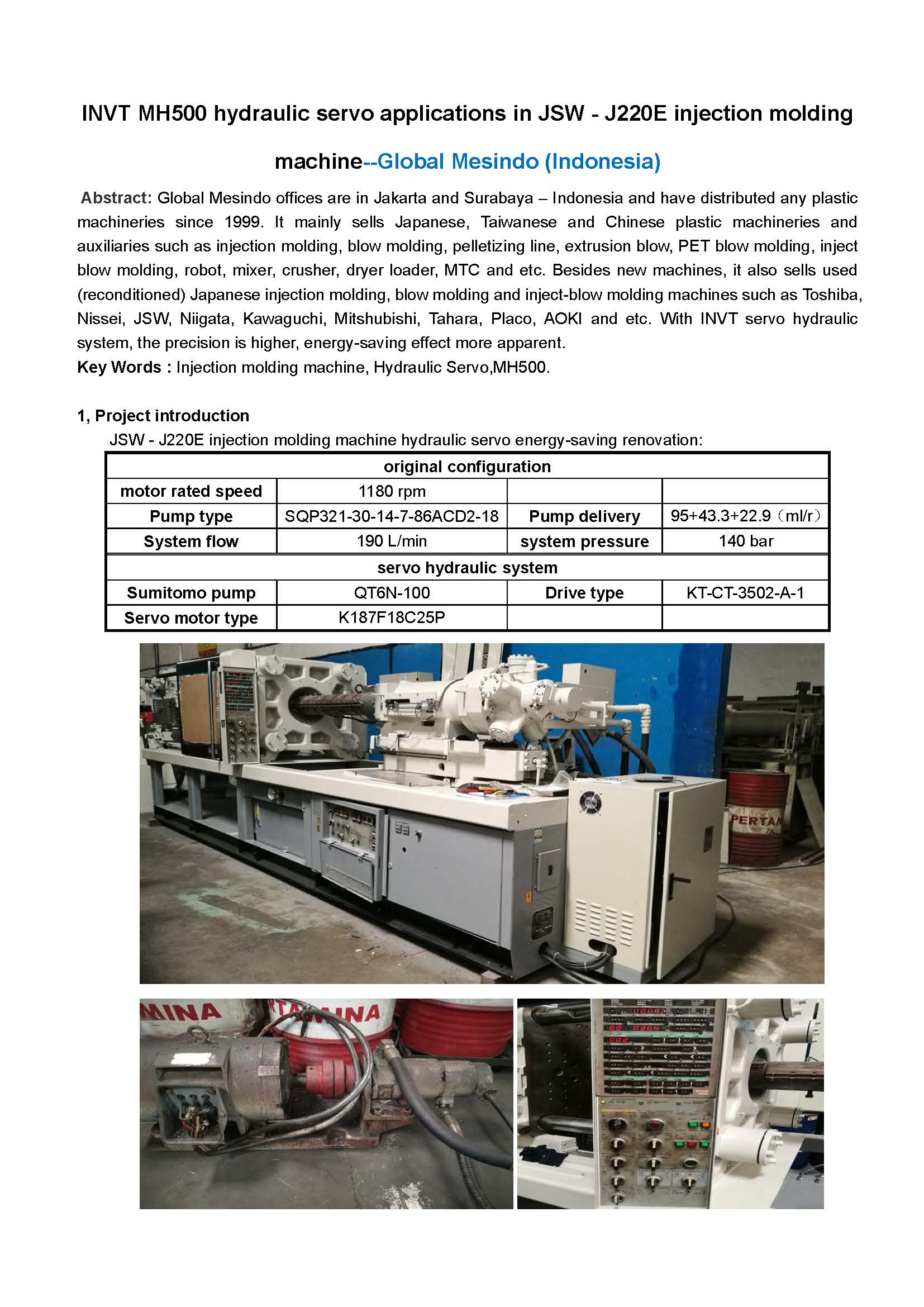 INVT MH500 hydraulic servo  in JSW - J220E injection molding machine